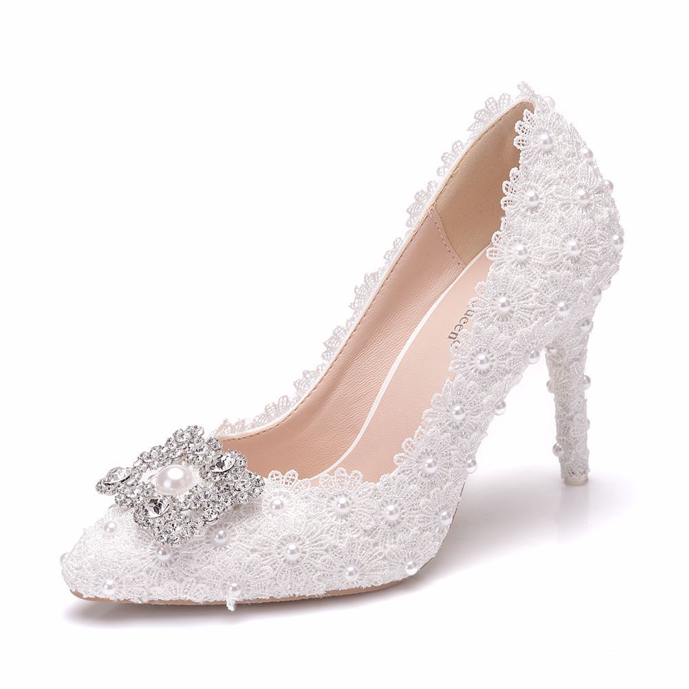 Women Pearls Rhinestone Lace Stiletto Heel Pumps Wedding Shoes