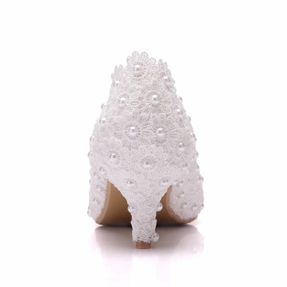 Women Stiletto Heel Pointed Toe Rhinestone Lace Beads Bridal Pumps Wedding Shoes