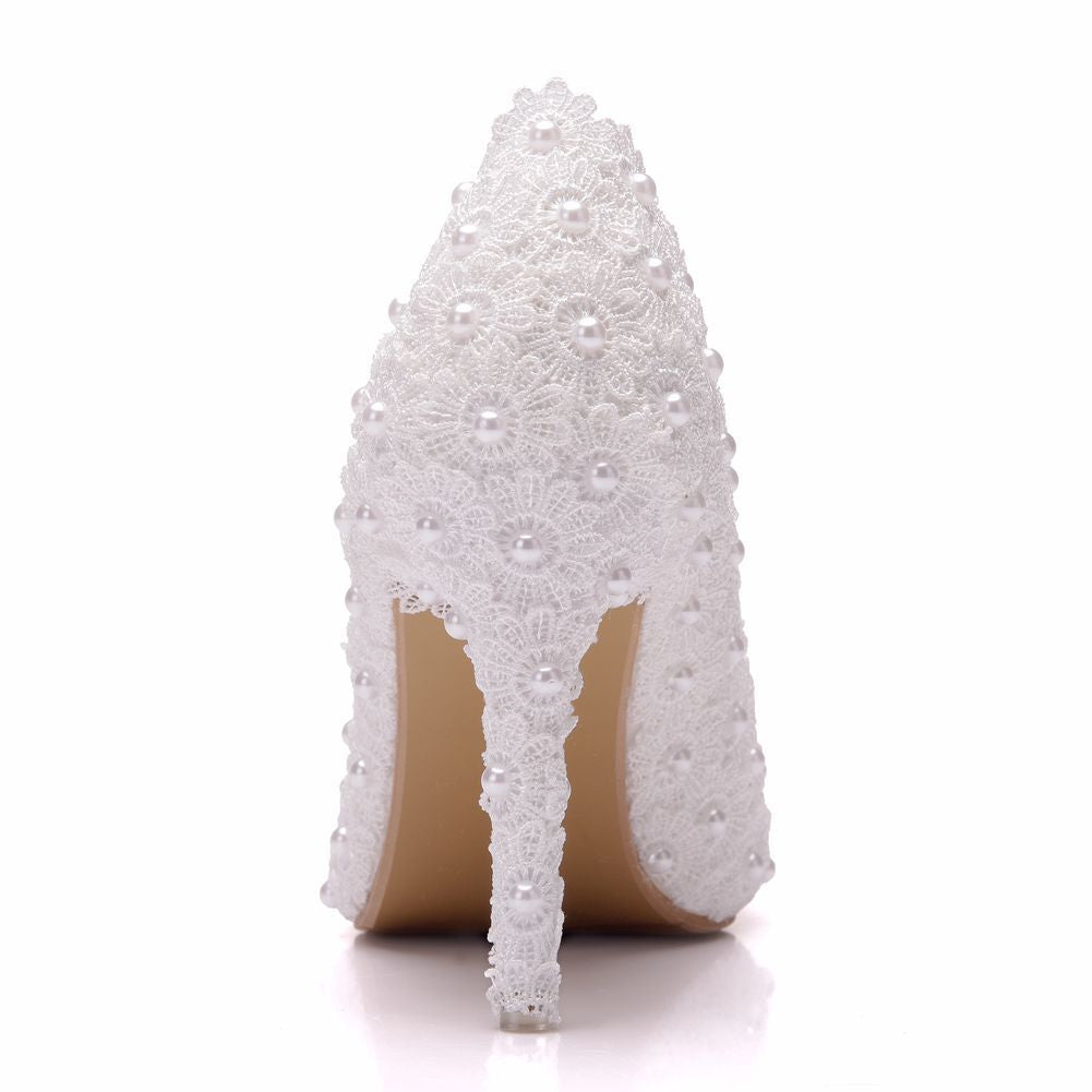 Women Pearls Rhinestone Lace Stiletto Heel Pumps Wedding Shoes