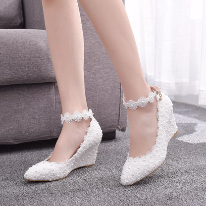 Pointed Toe Pearls Lace Shallow Ankle Strap Wedge Heel Women Pumps Wedding Shoes