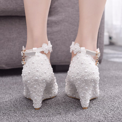 Pointed Toe Pearls Lace Shallow Ankle Strap Wedge Heel Women Pumps Wedding Shoes