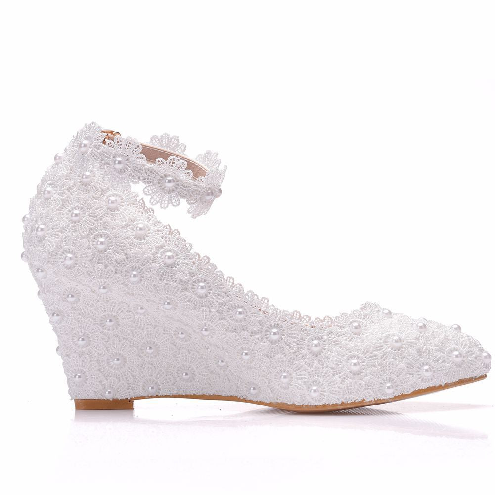 Pointed Toe Pearls Lace Shallow Ankle Strap Wedge Heel Women Pumps Wedding Shoes