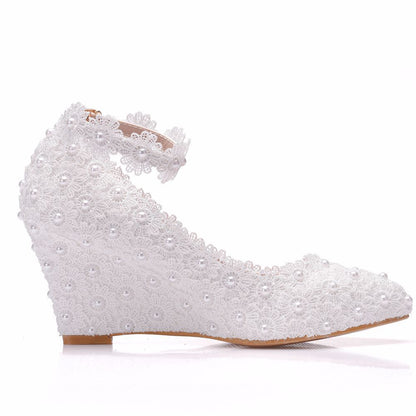 Pointed Toe Pearls Lace Shallow Ankle Strap Wedge Heel Women Pumps Wedding Shoes