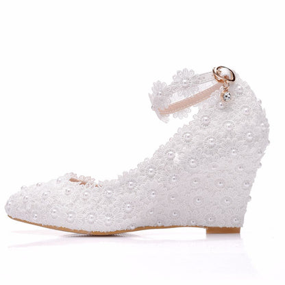 Pointed Toe Pearls Lace Shallow Ankle Strap Wedge Heel Women Pumps Wedding Shoes