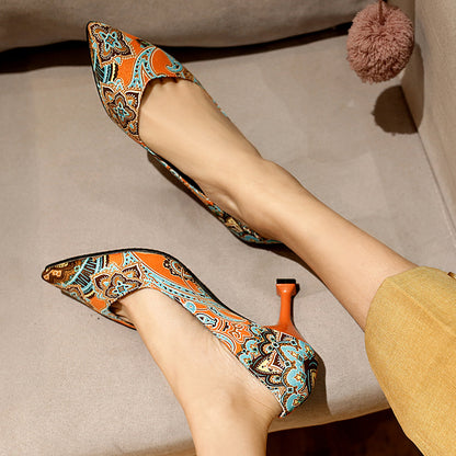 Floral Printed High Heel Shallow Mouth Women Pumps