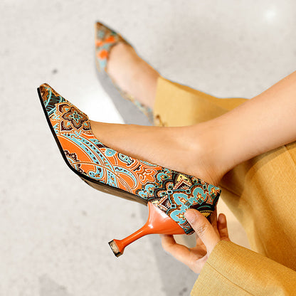 Floral Printed High Heel Shallow Mouth Women Pumps