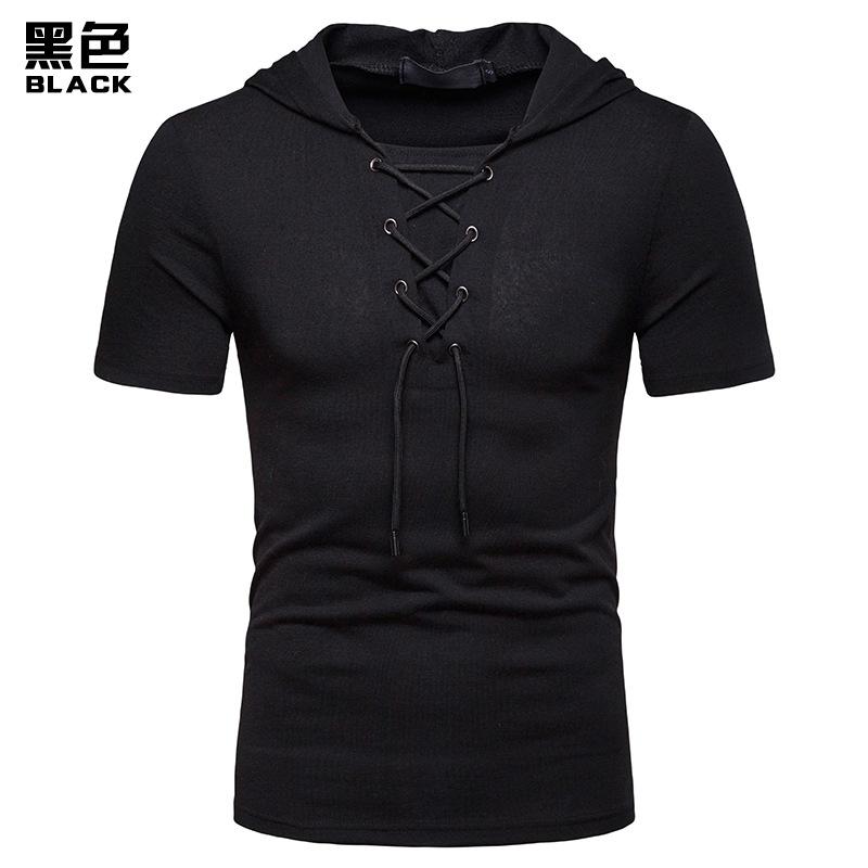 Men's Hooded Loose Shoelace Short Sleeves T-shirt