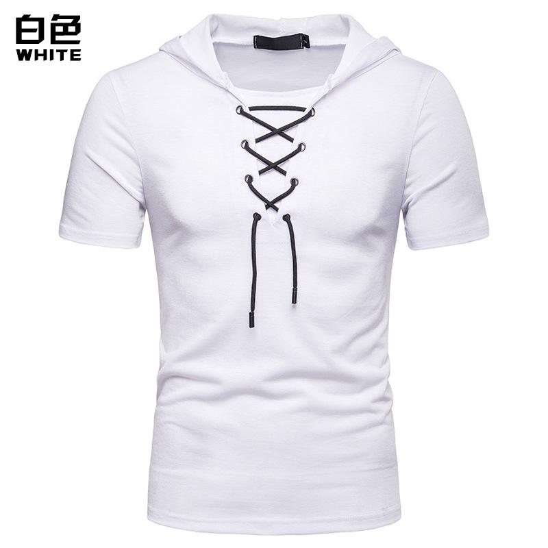 Men's Hooded Loose Shoelace Short Sleeves T-shirt