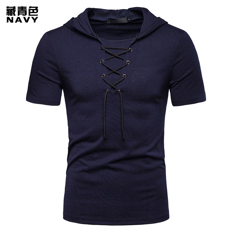 Men's Hooded Loose Shoelace Short Sleeves T-shirt