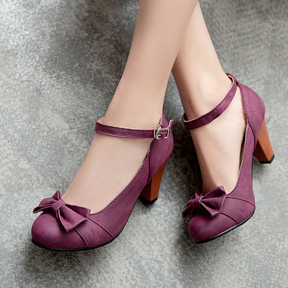 Thick Heeled High Heel Round Head Buckle Belt Shallow Women Pumps