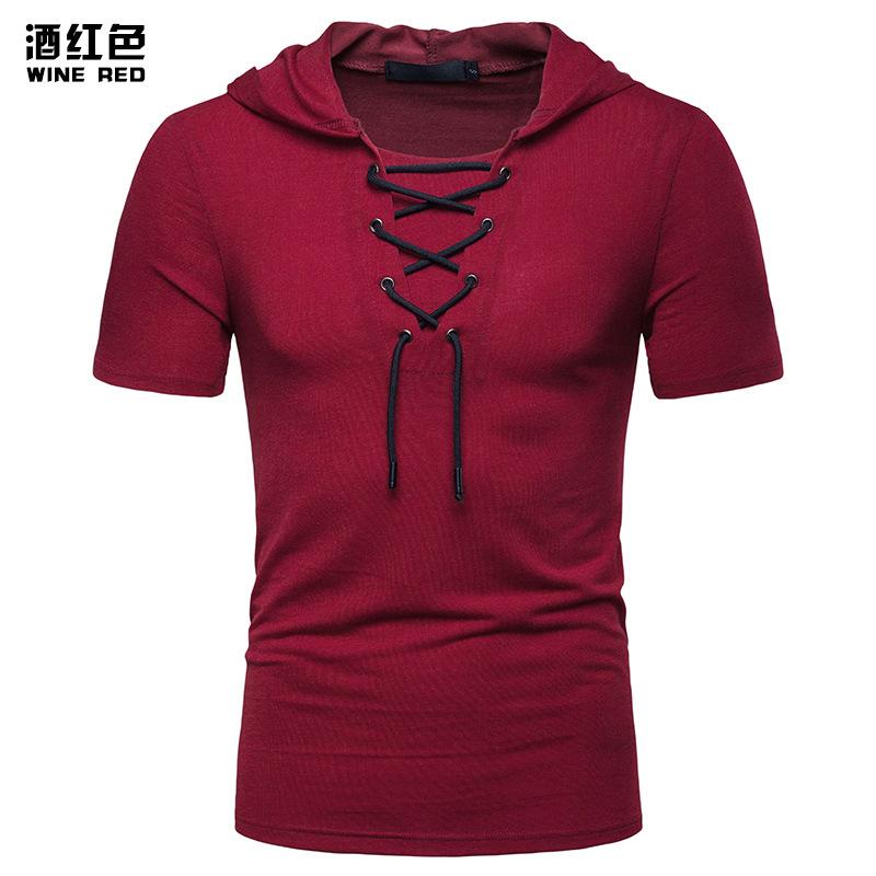 Men's Hooded Loose Shoelace Short Sleeves T-shirt