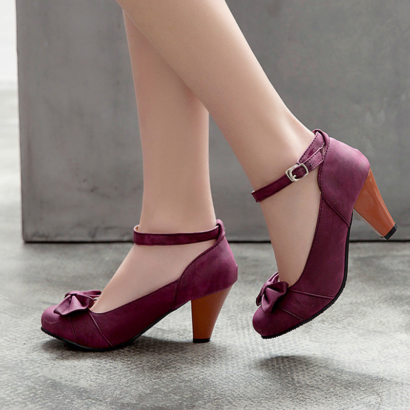 Thick Heeled High Heel Round Head Buckle Belt Shallow Women Pumps