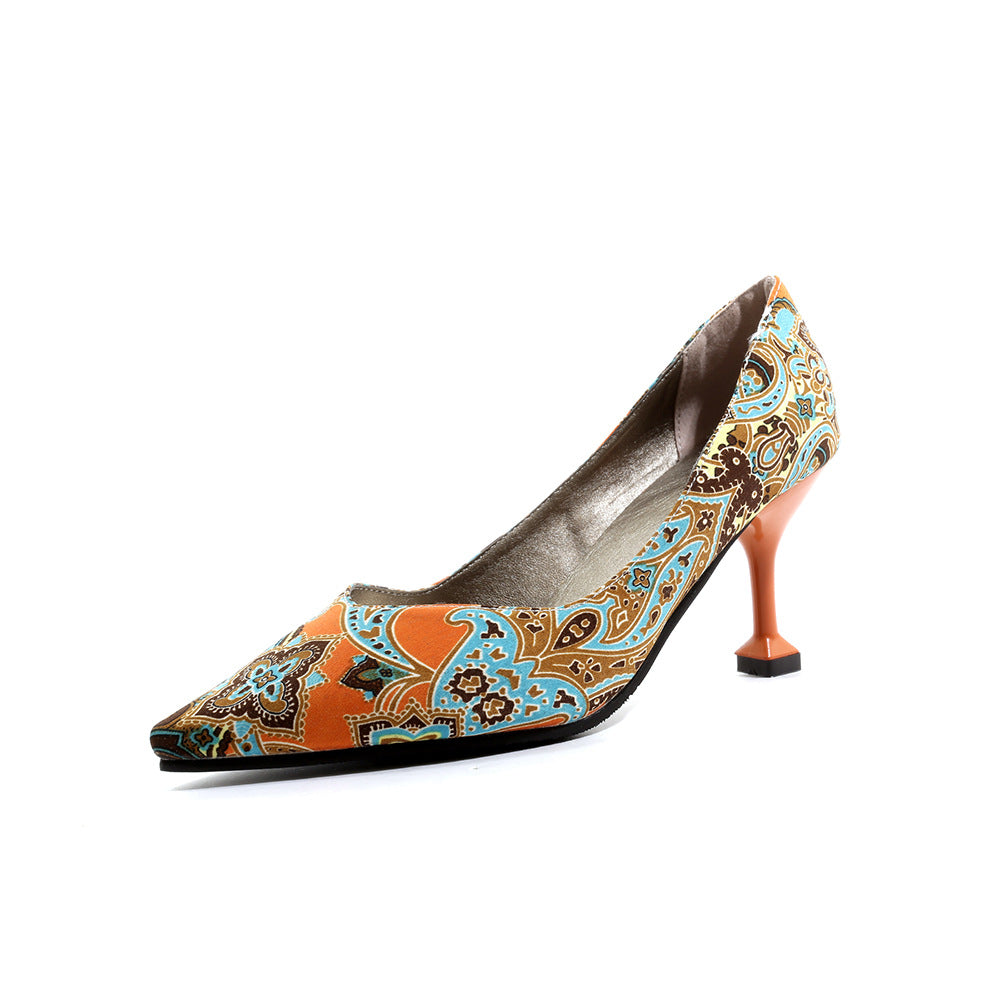 Floral Printed High Heel Shallow Mouth Women Pumps