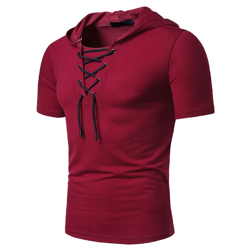 Men's Hooded Loose Shoelace Short Sleeves T-shirt