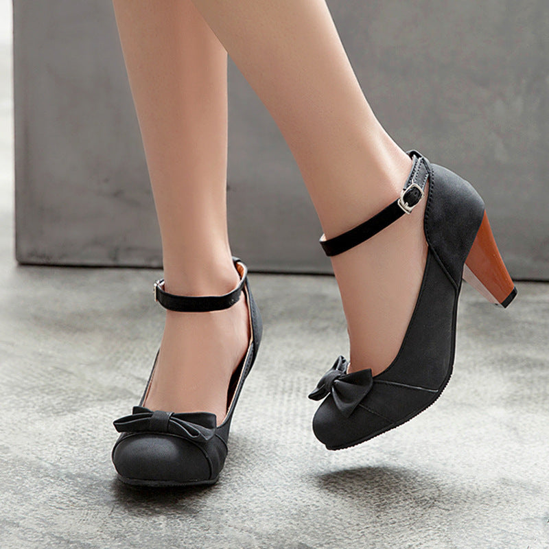 Thick Heeled High Heel Round Head Buckle Belt Shallow Women Pumps