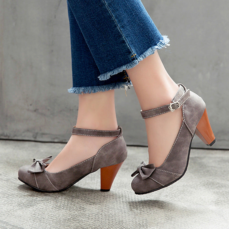 Thick Heeled High Heel Round Head Buckle Belt Shallow Women Pumps