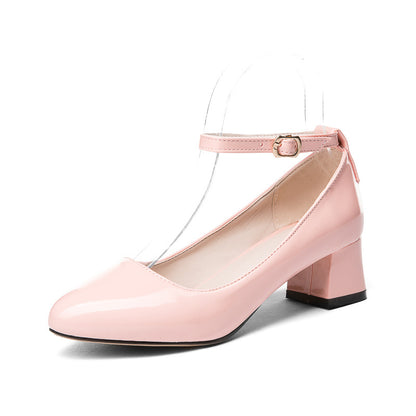 Thick Heel Buckle Shallow Ankle Strap Shoes Women Chunky Pumps