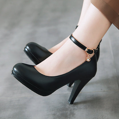 Women's Round Head Buckles High Heel Chunky Pumps