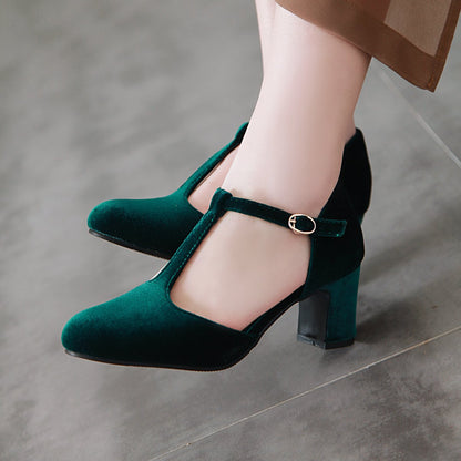 Women's Velvet Thick Heel High Heel T Ankle Strap Buckle Sandals