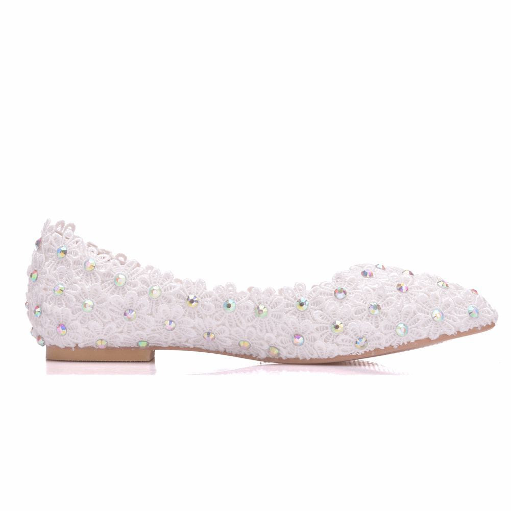 Women Pointed Toe Shallow Pearls Lace Flora Bridal Wedding Shoes Flats