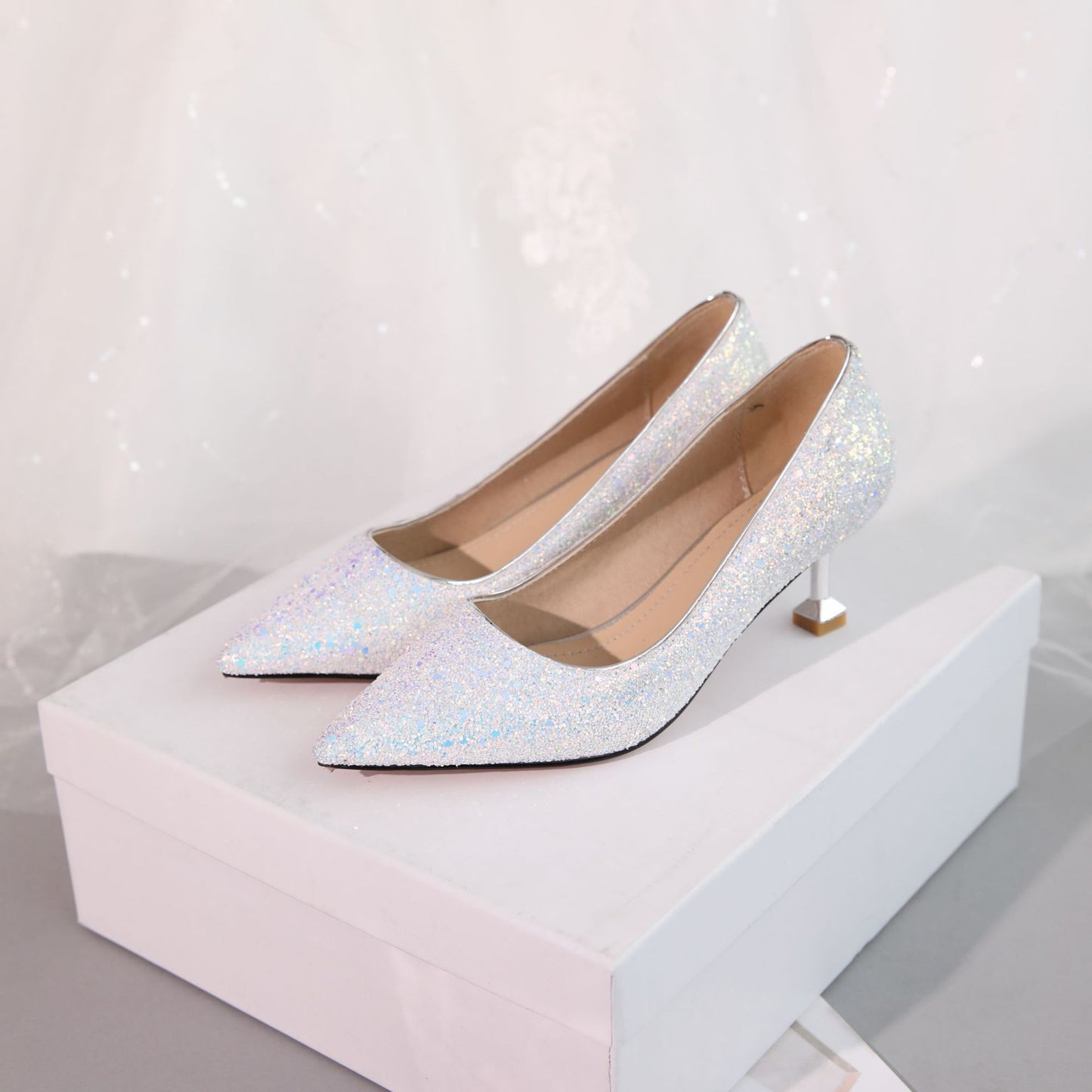 Sequins Wedding Shoes Shallow Kitten Heels Pumps