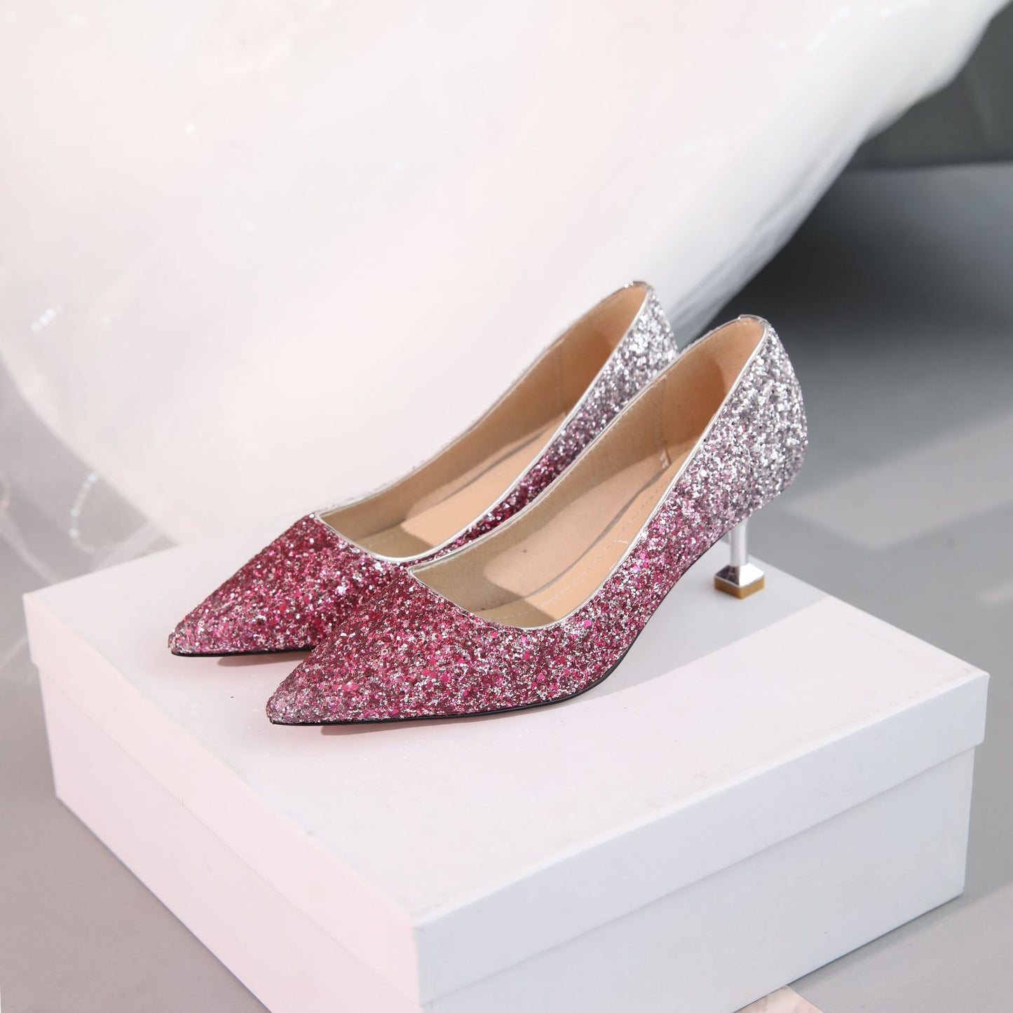 Sequins Wedding Shoes Shallow Kitten Heels Pumps