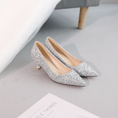 Sequins Wedding Shoes Shallow Kitten Heels Pumps