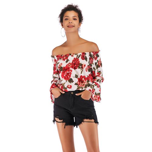 Sexy Strapless Printed   Women Chiffon Shirt Blouses