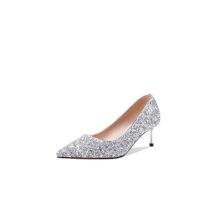 Pointed Toe Sequined Wedding Shoes Women Pumps Stiletto Middle Heels