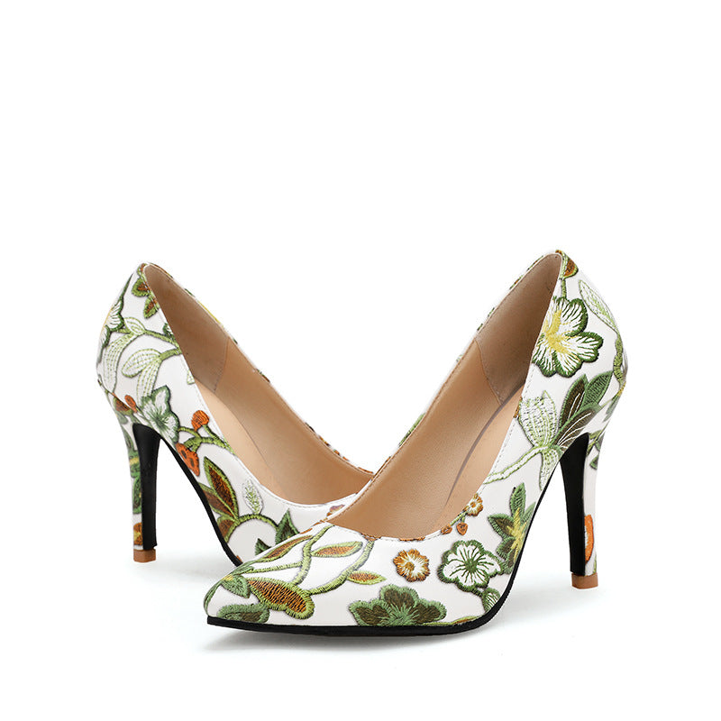 Pointed Toe Super High Heel Shallow Mouth Flower Printed Women Pumps Stiletto Heel Shoes