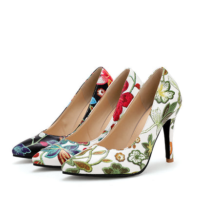 Pointed Toe Super High Heel Shallow Mouth Flower Printed Women Pumps Stiletto Heel Shoes