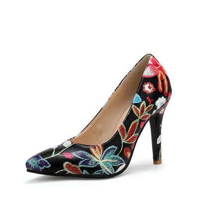 Pointed Toe Super High Heel Shallow Mouth Flower Printed Women Pumps Stiletto Heel Shoes