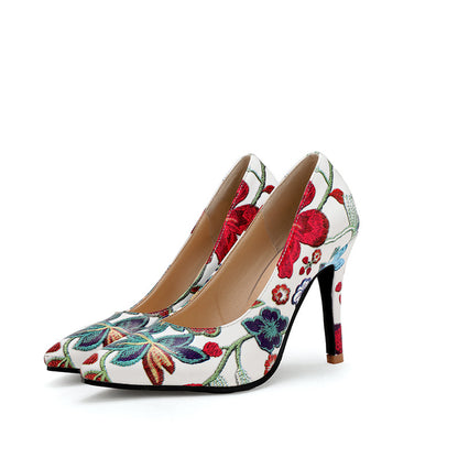 Pointed Toe Super High Heel Shallow Mouth Flower Printed Women Pumps Stiletto Heel Shoes