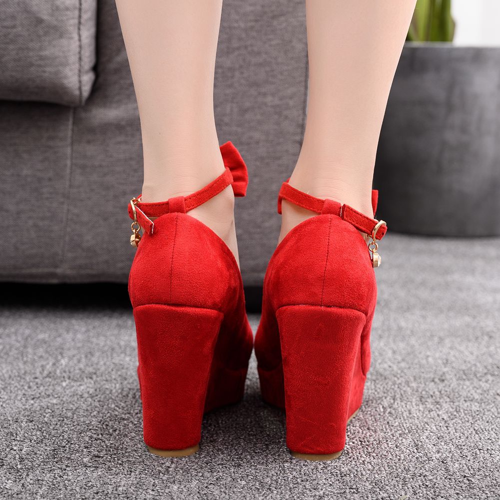 Women Round Toe Shallow Ankle Strap Wedding Wedge Heel Platform Pumps