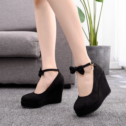 Women Round Toe Shallow Ankle Strap Wedding Wedge Heel Platform Pumps