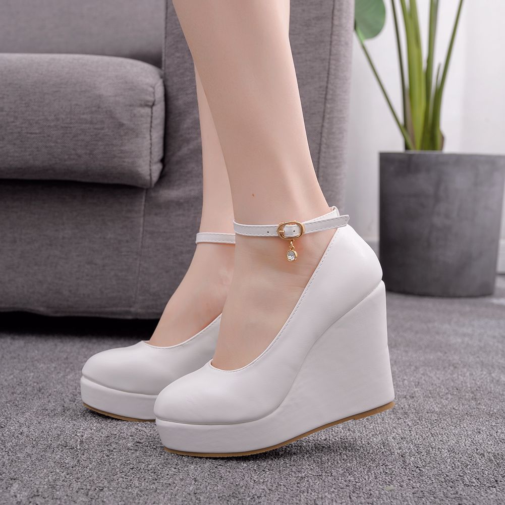 Women Round Toe Ankle Strap Platform Wedge Heel Wedding Pumps