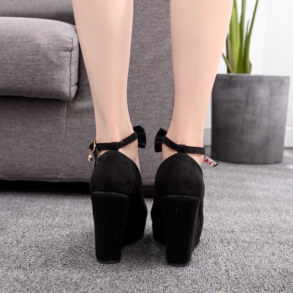 Women Round Toe Shallow Ankle Strap Wedding Wedge Heel Platform Pumps