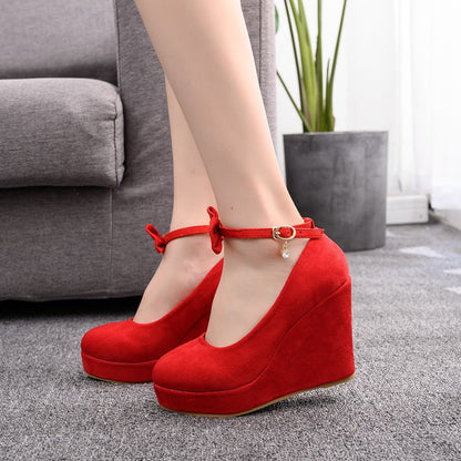 Women Round Toe Shallow Ankle Strap Wedding Wedge Heel Platform Pumps