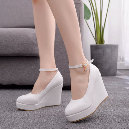 Women Round Toe Ankle Strap Platform Wedge Heel Wedding Pumps