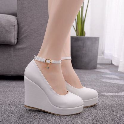 Women Round Toe Ankle Strap Platform Wedge Heel Wedding Pumps