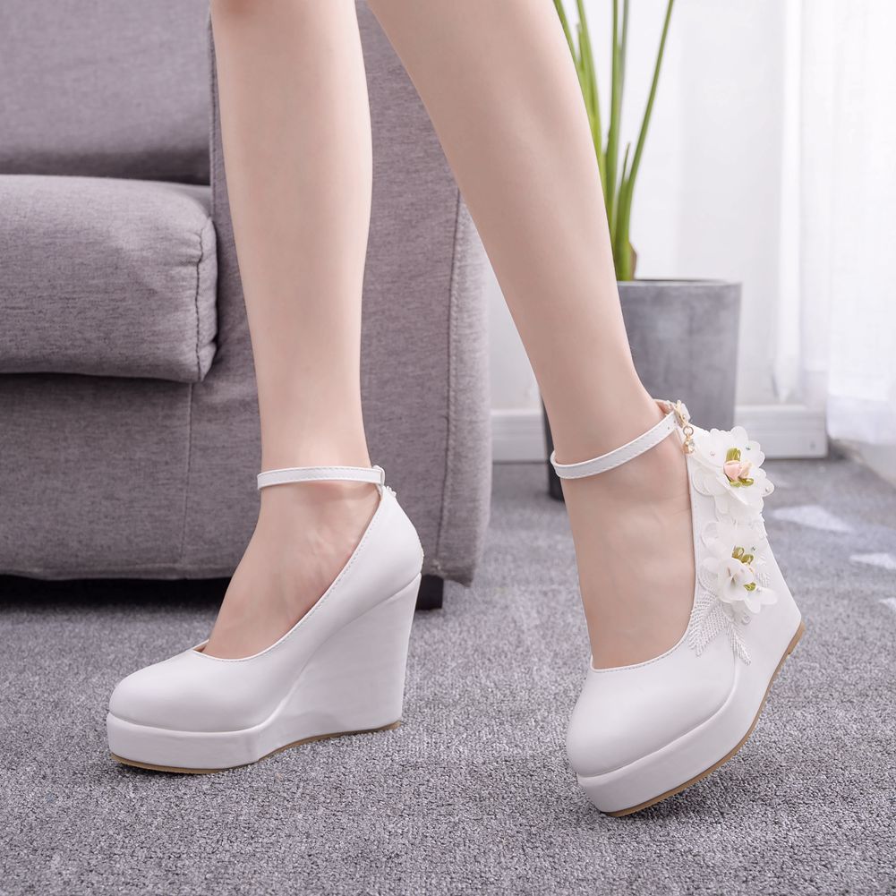 Women Round Toe Lace Flora Wedding Platform Wedge Heel Ankle Strap Pumps