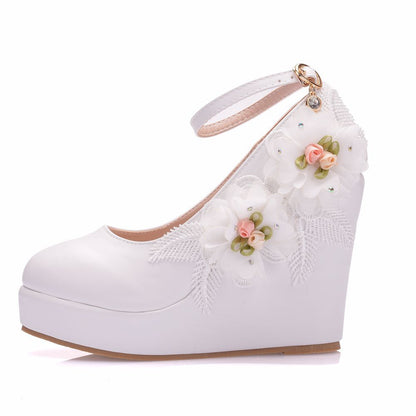 Women Round Toe Lace Flora Wedding Platform Wedge Heel Ankle Strap Pumps