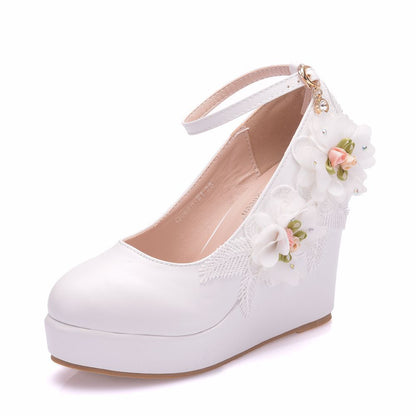 Women Round Toe Lace Flora Wedding Platform Wedge Heel Ankle Strap Pumps