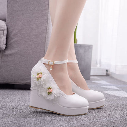 Women Round Toe Lace Flora Wedding Platform Wedge Heel Ankle Strap Pumps