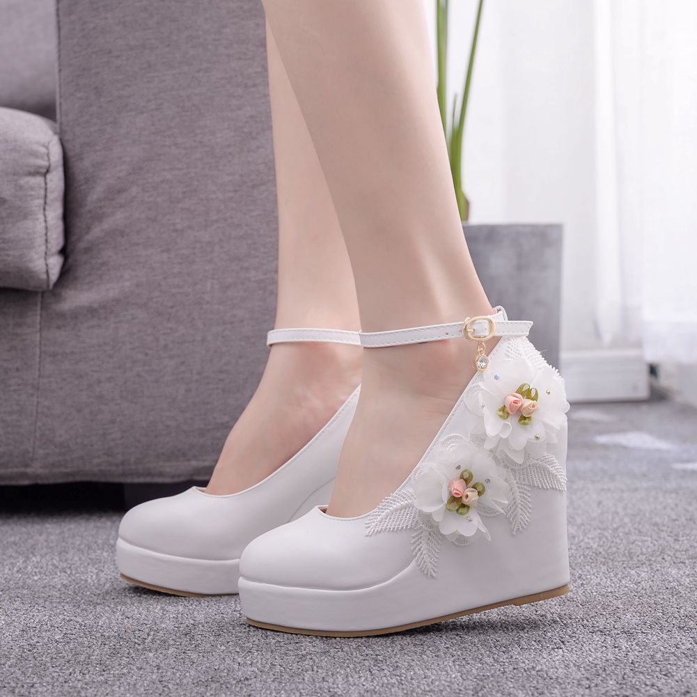 Women Round Toe Lace Flora Wedding Platform Wedge Heel Ankle Strap Pumps