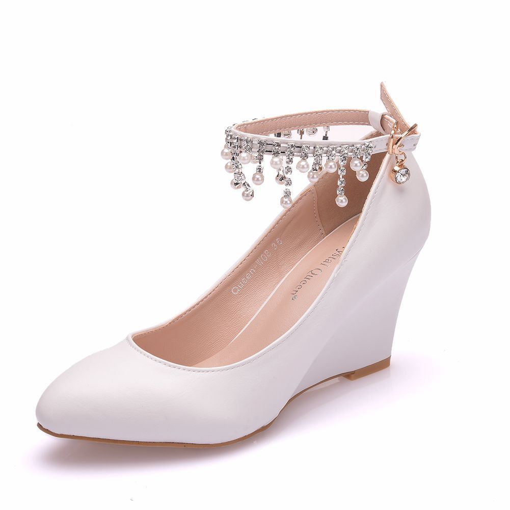 Shallow Pearls Rhinestone Tassel 7cm Wedge Heel Women Pumps Wedding Shoes