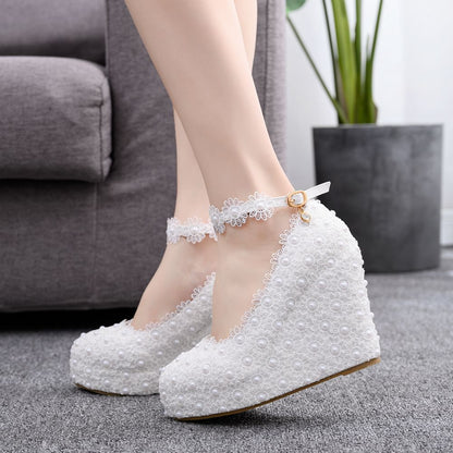 Women Round Toe Lace Wedding Ankle Strap Wedge Heel Platform Pumps