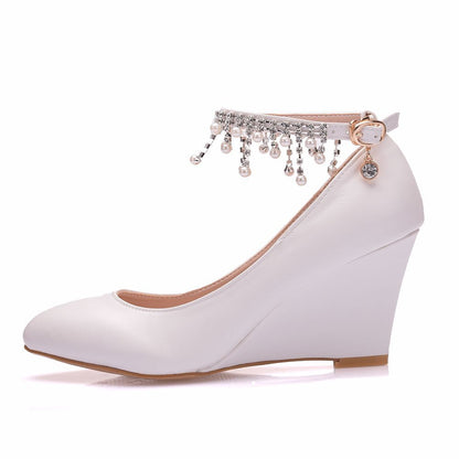 Shallow Pearls Rhinestone Tassel 7cm Wedge Heel Women Pumps Wedding Shoes