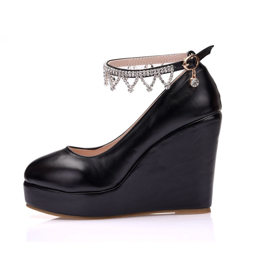 Women Round Toe Rhinestone Ankle Strap Wedge Heel Platform Pumps