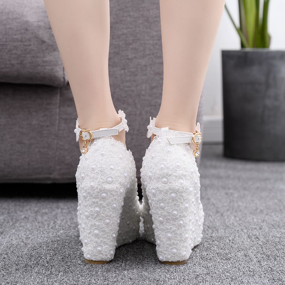 Women Round Toe Lace Wedding Ankle Strap Wedge Heel Platform Pumps